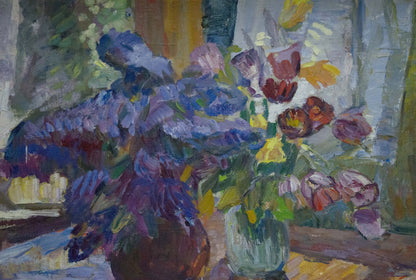Vibrant impressionist oil painting of flowers in vases by Tkachenko Andrey Zinovievich