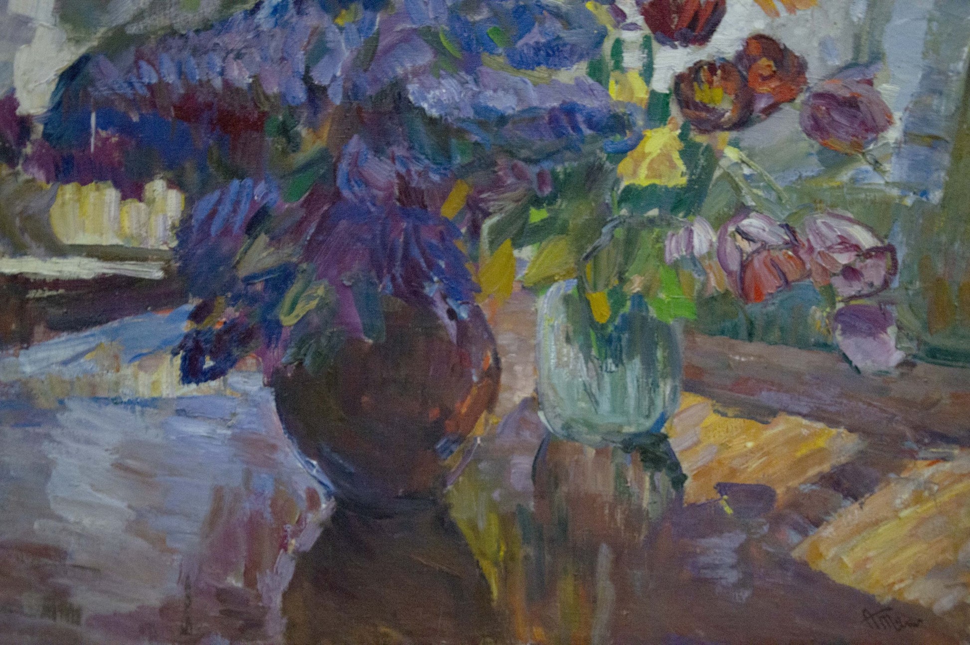 Oil painting of purple yellow flowers in green vase by Tkachenko Andrey Zinovievich