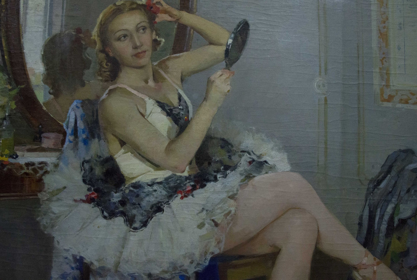 Oil painting portrait by Plamenitsky of ballet dancer in white tutu adjusting hair