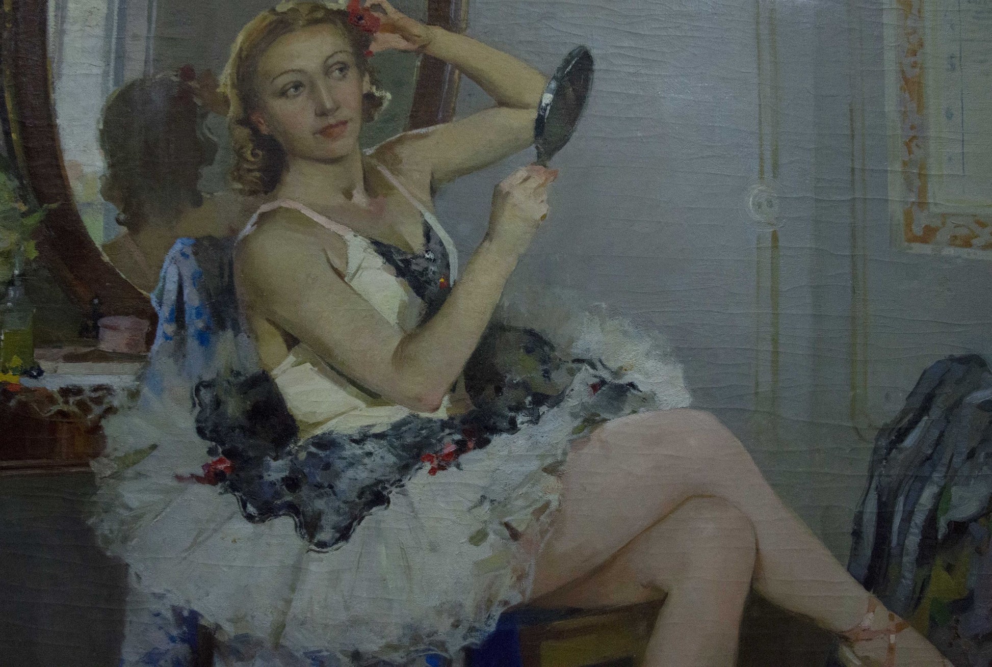 Oil painting portrait by Plamenitsky of ballet dancer in white tutu adjusting hair