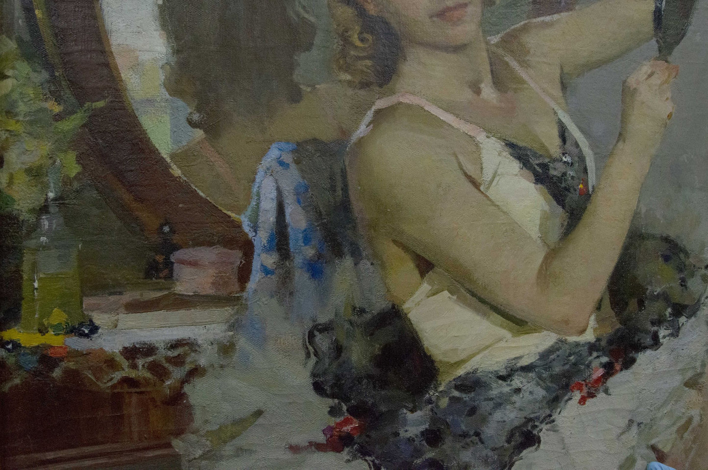 Oil painting portrait of woman in black white lace lingerie holding mirror by Plamenitsky Anatoly Alexandrovich