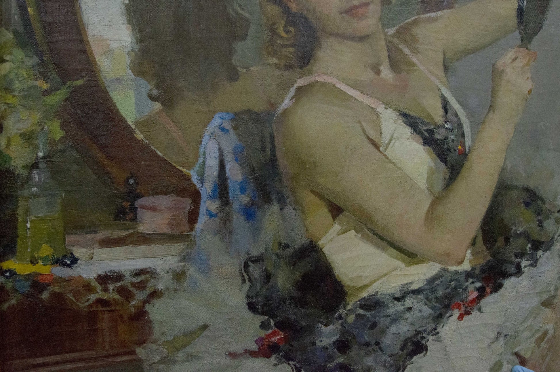 Oil painting portrait of woman in black white lace lingerie holding mirror by Plamenitsky Anatoly Alexandrovich