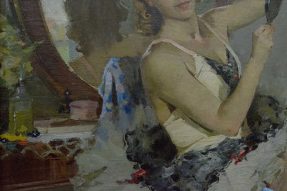 Oil painting portrait of woman in black white lace lingerie holding mirror by Plamenitsky Anatoly Alexandrovich