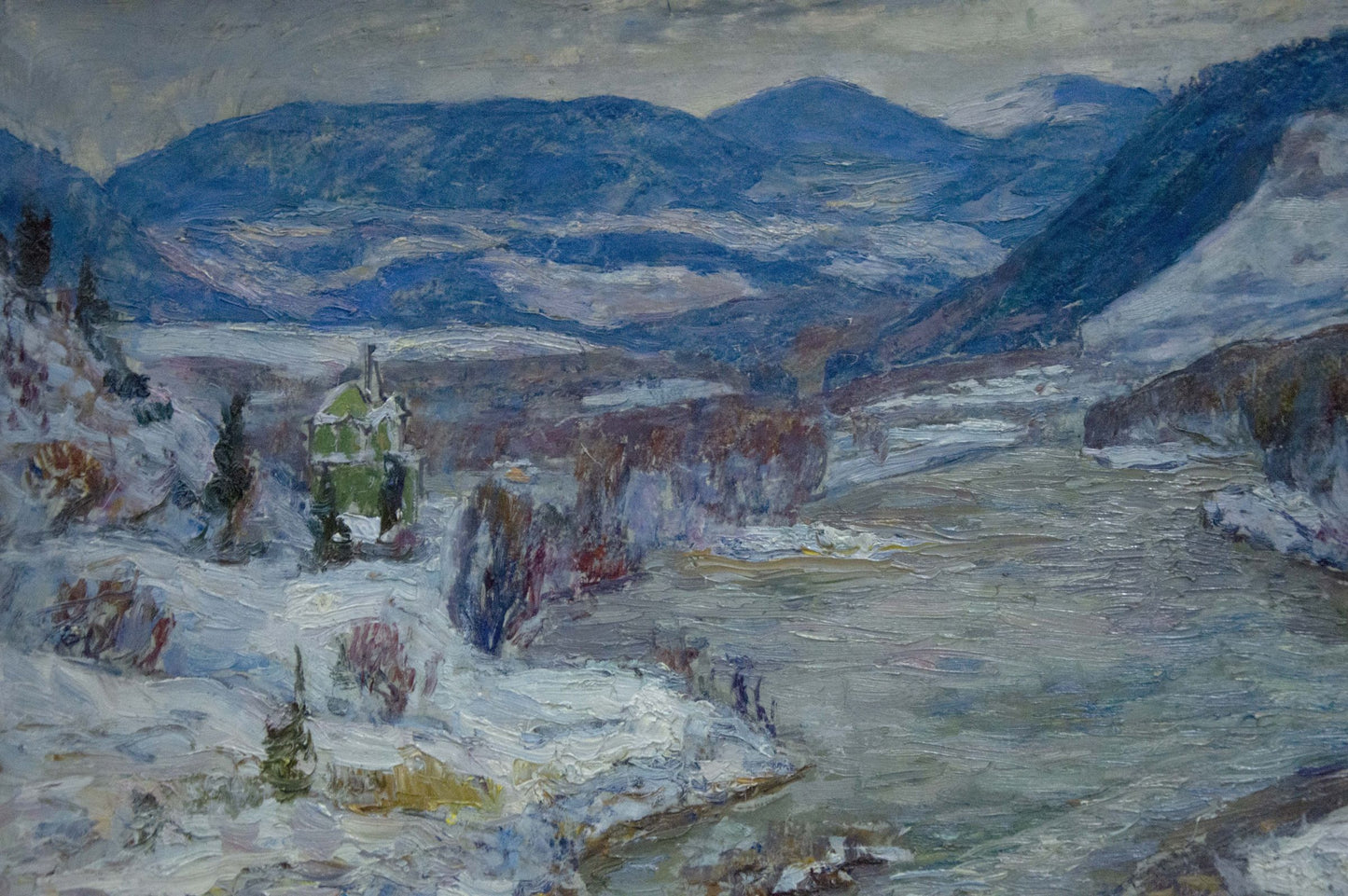 Oil painting by Kontratovich Ernest Rudolfovich: snowy mountain valley with river
