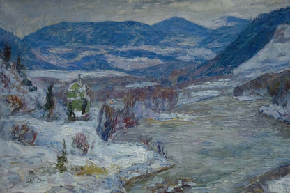 Oil painting by Kontratovich Ernest Rudolfovich: snowy mountain valley with river