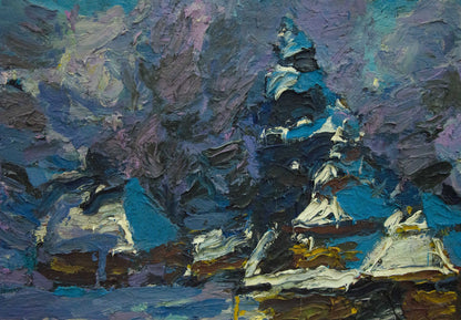 Winter Dupliy by Sergey Alexandrovich: impressionistic snow mountain in blues