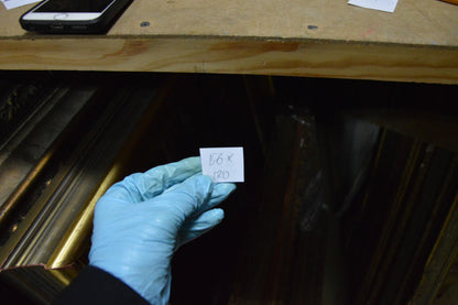 Hand in light blue glove holds label with measurements on Plamenitsky portrait back