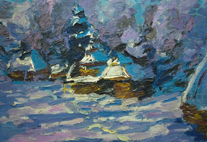 Textured impressionist oil painting Winter Dupliy by Sergey Alexandrovich, snowy landscape