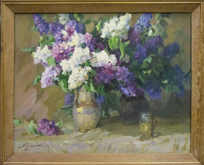 Oil painting of lilacs in ceramic vase by Chulko Nikolay Fedorovich
