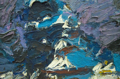 Oil painting Winter Dupliy by Sergey Alexandrovich, textured blue purple white abstract