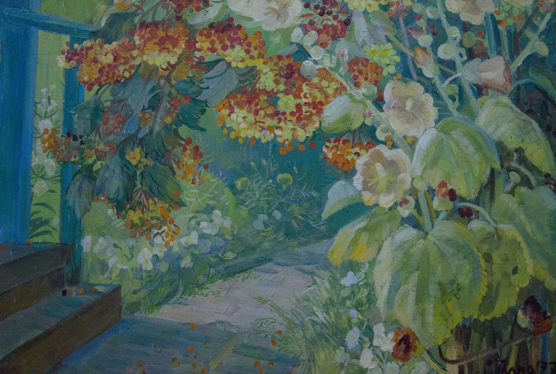 Oil painting Rowan Zorya by Galina Denisovna: lush garden with blossoms