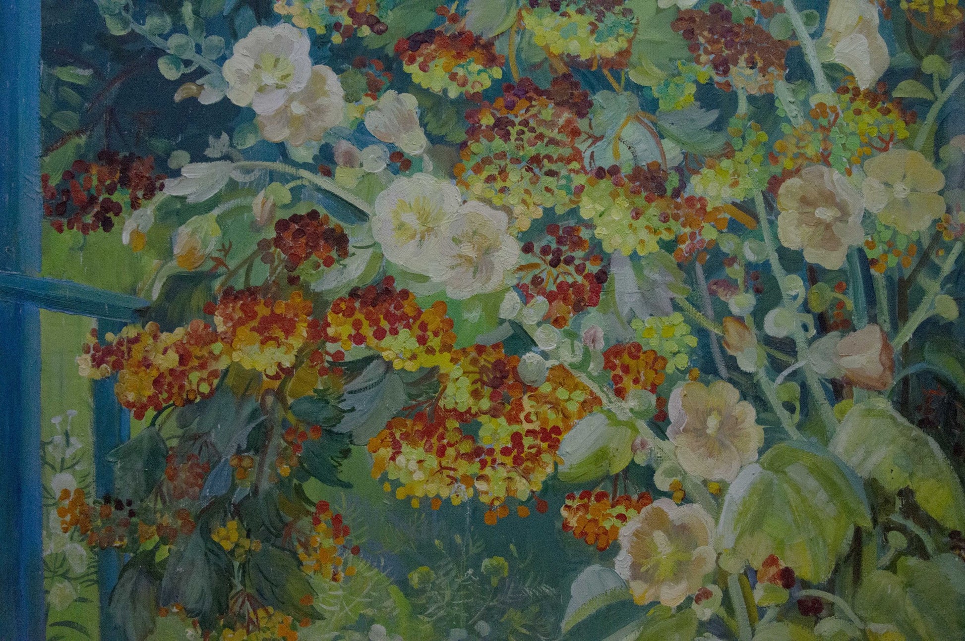 Oil painting Rowan Zorya by Galina Denisovna: lush garden with white and yellow flowers