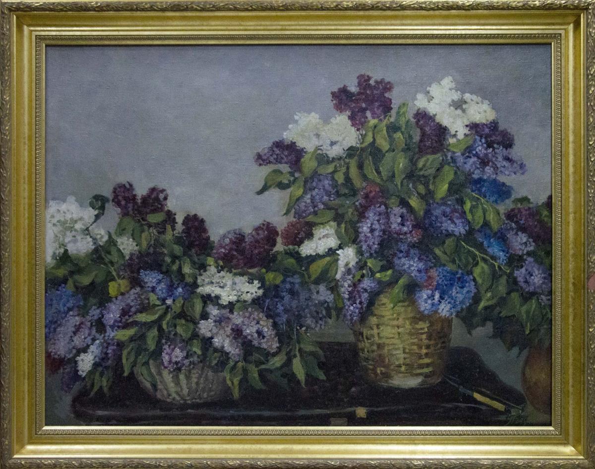 Oil painting of two baskets of lilacs by unknown artist