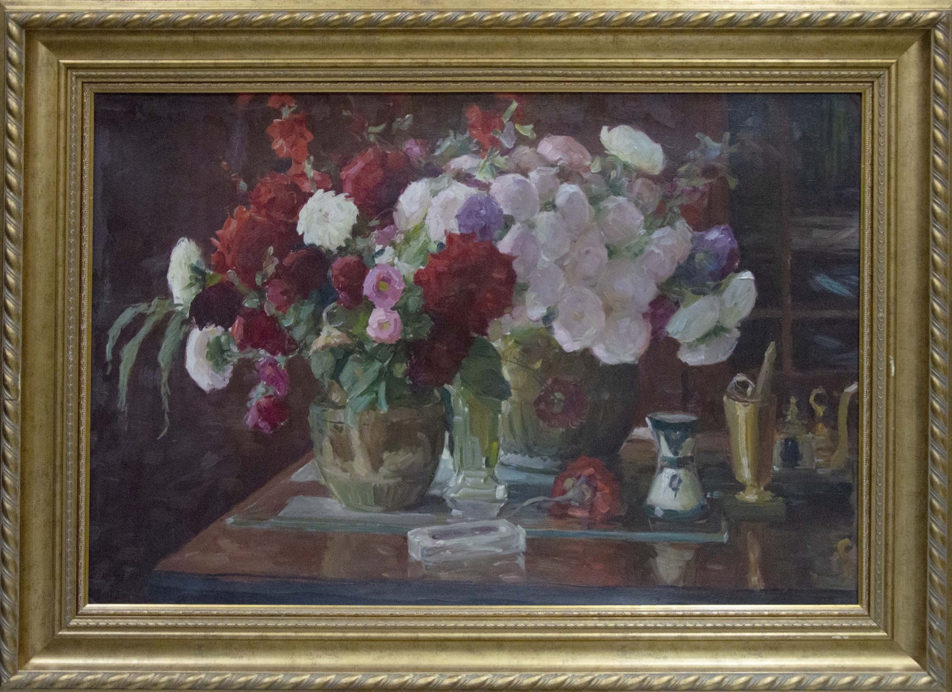 Oil painting of vibrant red, white, purple flowers by Shulga Ivan Nikolaevich
