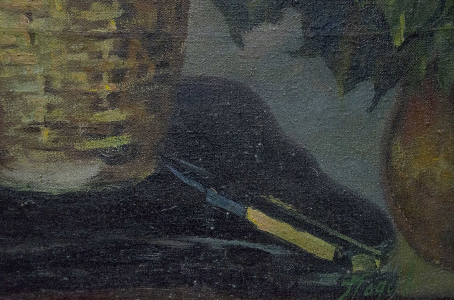 Dark textured oil painting of black duck with yellow beak and feet