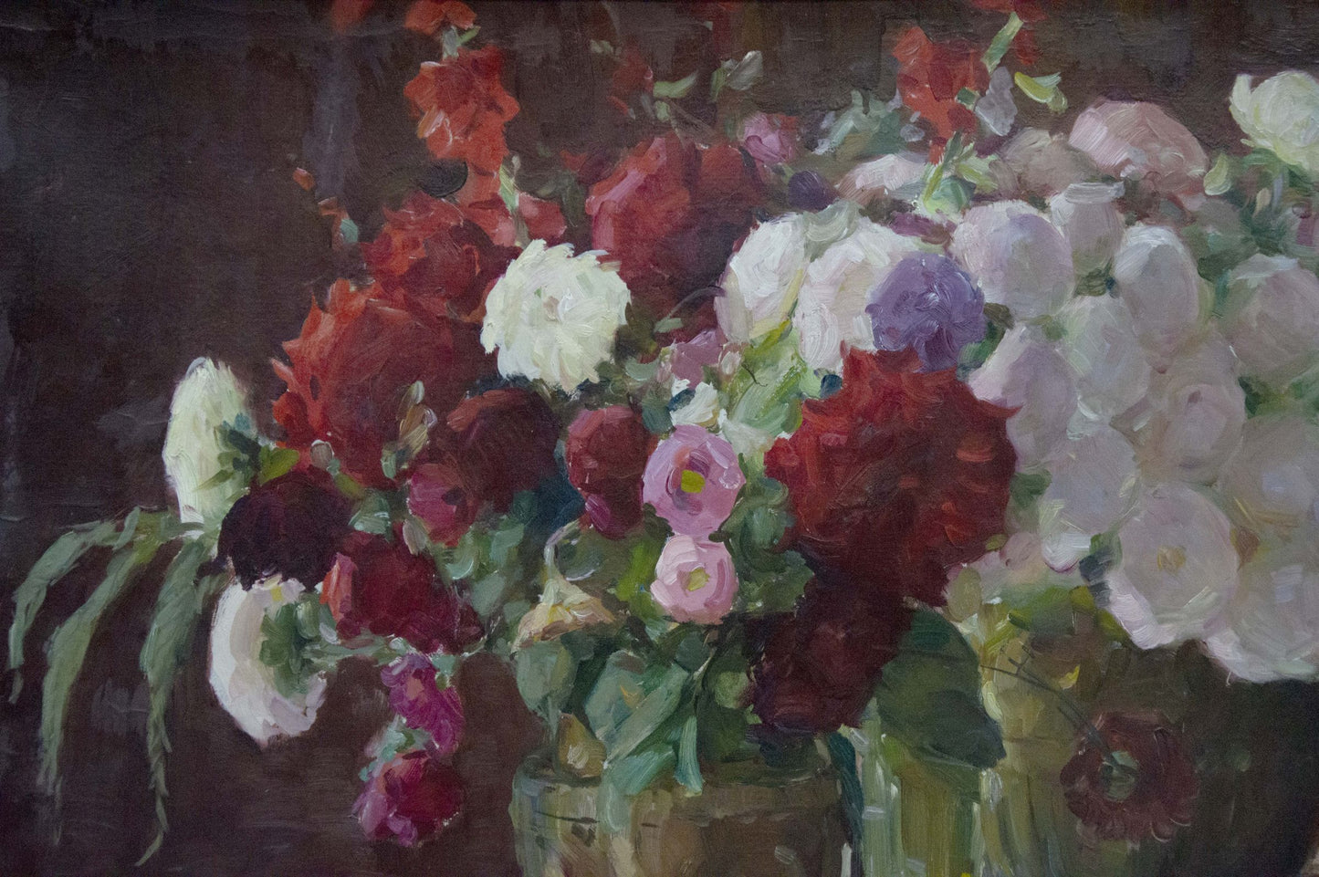 Vibrant oil painting of lush flowers in green vase by Shulga Ivan Nikolaevich