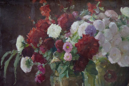 Vibrant oil painting of lush flowers in green vase by Shulga Ivan Nikolaevich