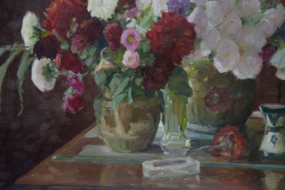 Oil painting of lush red white pink flowers in ceramic vase by Shulga Ivan Nikolaevich