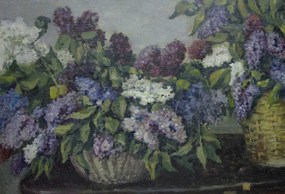 Oil painting of two wicker baskets overflowing with lilac blossoms
