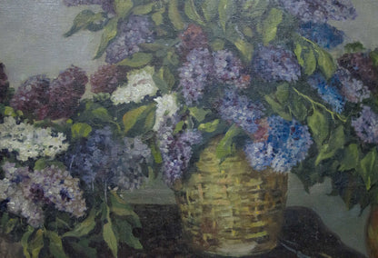 Oil painting of two wicker baskets filled with purple, white, blue lilacs