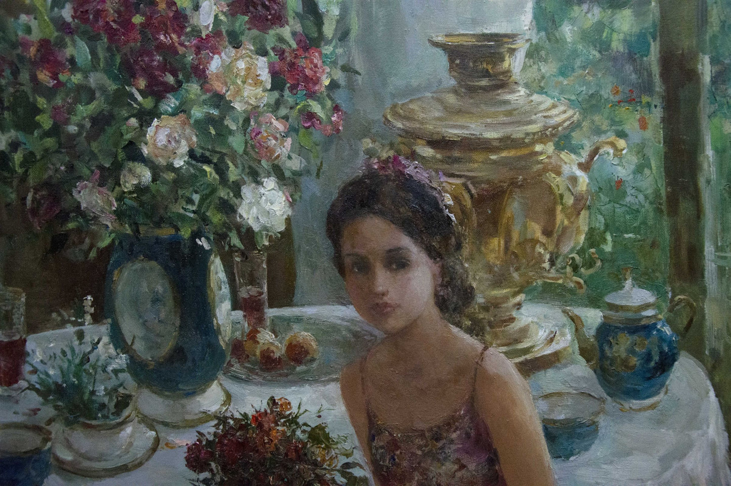 Oil painting Gatherings by Mikhaylichenko Sergey Viktorovich: young girl in floral headpiece