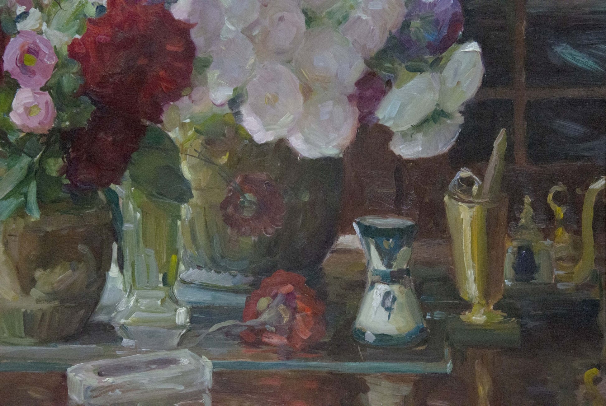 Oil painting of vibrant red pink white flowers in green vase by Shulga Ivan Nikolaevich