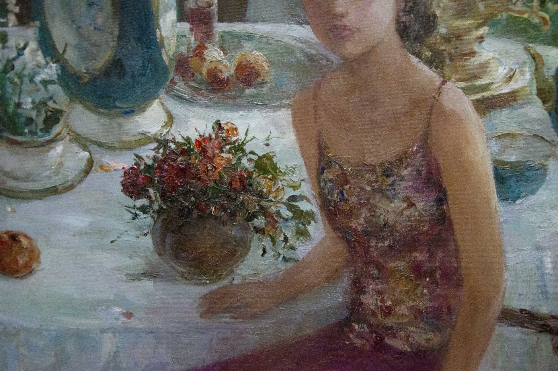 Oil painting Gatherings by Mikhaylichenko Sergey Viktorovich: floral arrangement in dark brown ceramic vase with vibrant reds, yellows, and green foliage