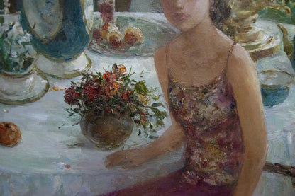 Oil painting Gatherings by Mikhaylichenko Sergey Viktorovich: floral arrangement in dark brown ceramic vase with vibrant reds, yellows, and green foliage