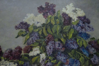 Oil painting of two baskets of lilacs in purple, white, blue with green leaves