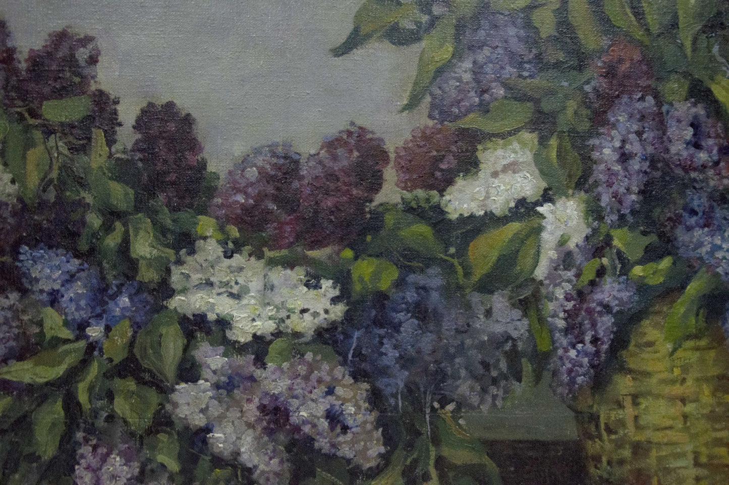 Oil painting of two lilac baskets in purple, white, blue hues
