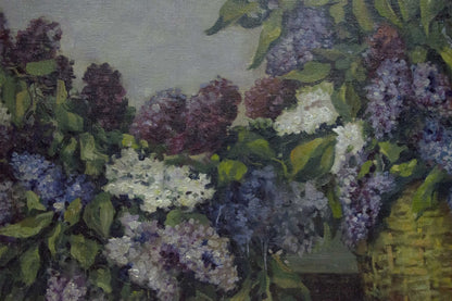 Oil painting of two lilac baskets in purple, white, blue hues