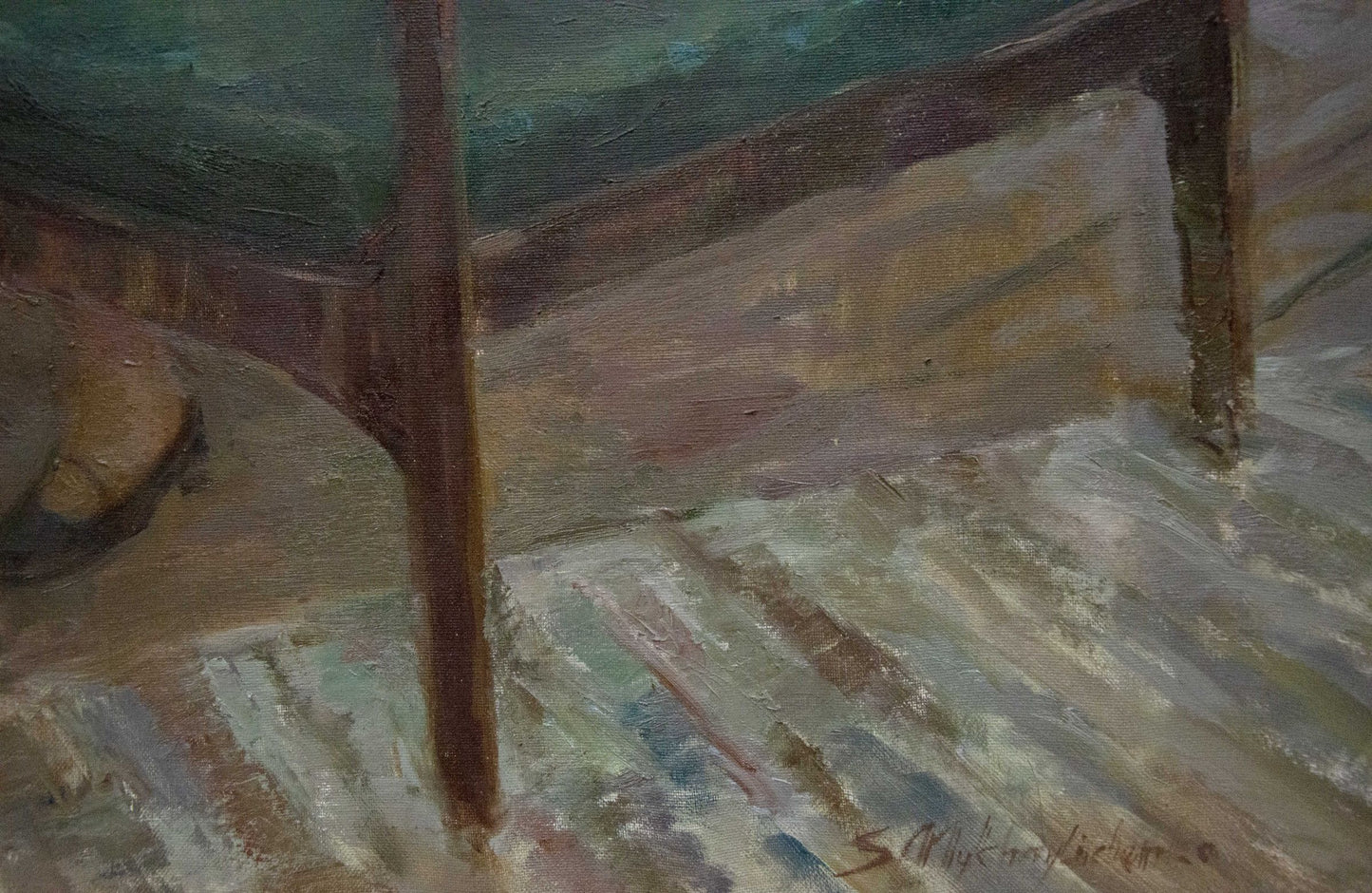 Oil painting Gatherings by Mikhaylichenko Sergey Viktorovich: dark wooden chair legs, teal cushion