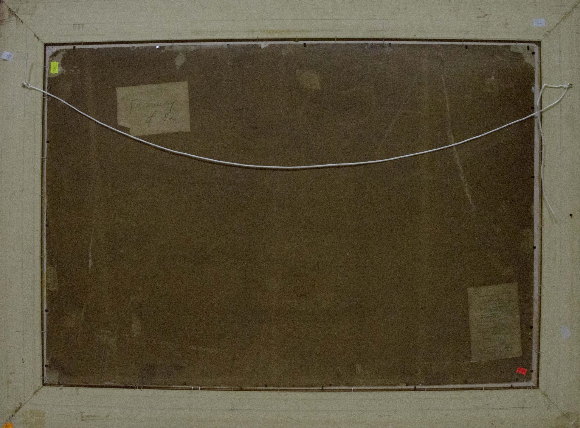 Back of framed Oil painting Flowers by Shulga Ivan Nikolaevich with brown canvas and white wires