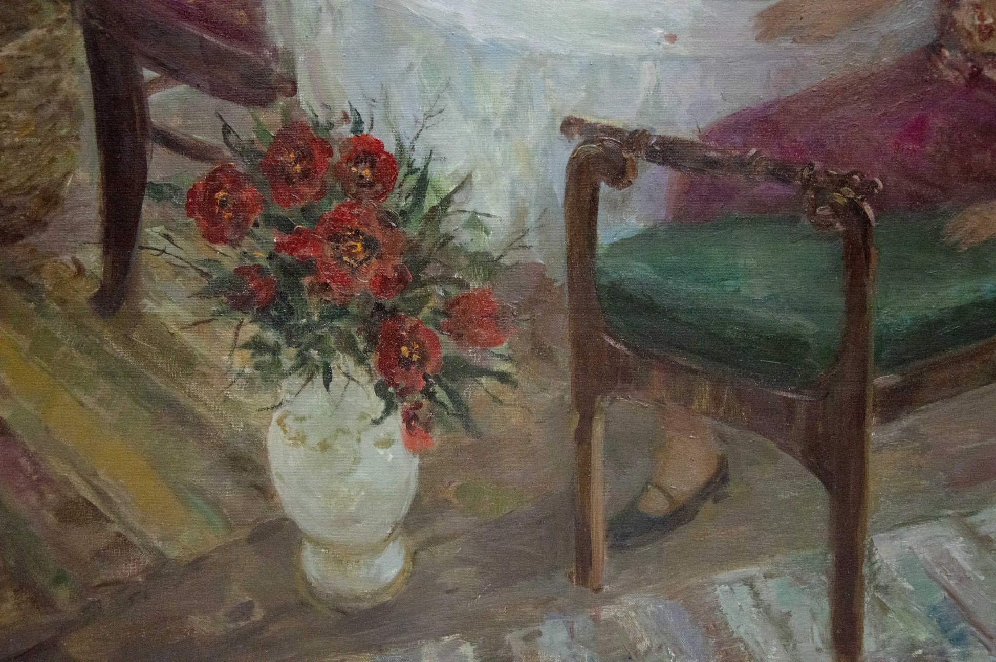 Oil painting Gatherings by Mikhaylichenko Sergey Viktorovich with red flowers