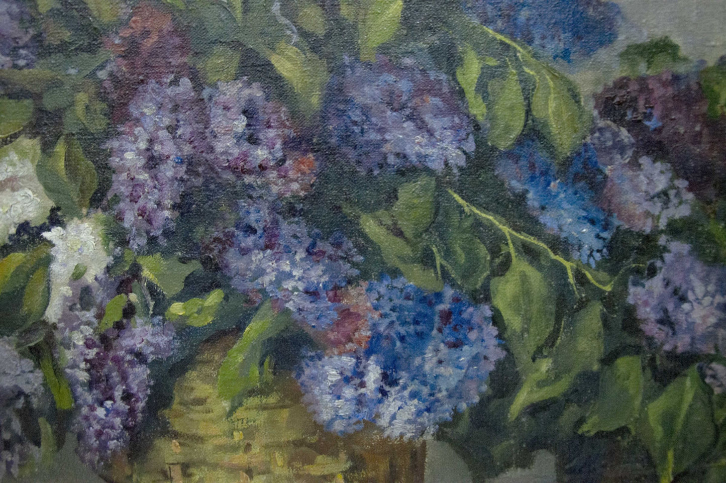 Vibrant impressionistic oil painting of two baskets of purple lilacs