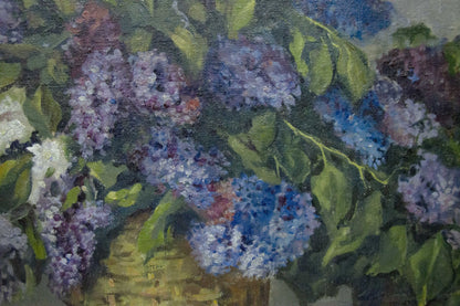 Vibrant impressionistic oil painting of two baskets of purple lilacs