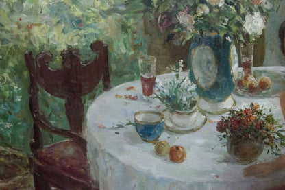 Blue ceramic vase with white panel in Oil painting Gatherings by Mikhaylichenko Sergey Viktorovich