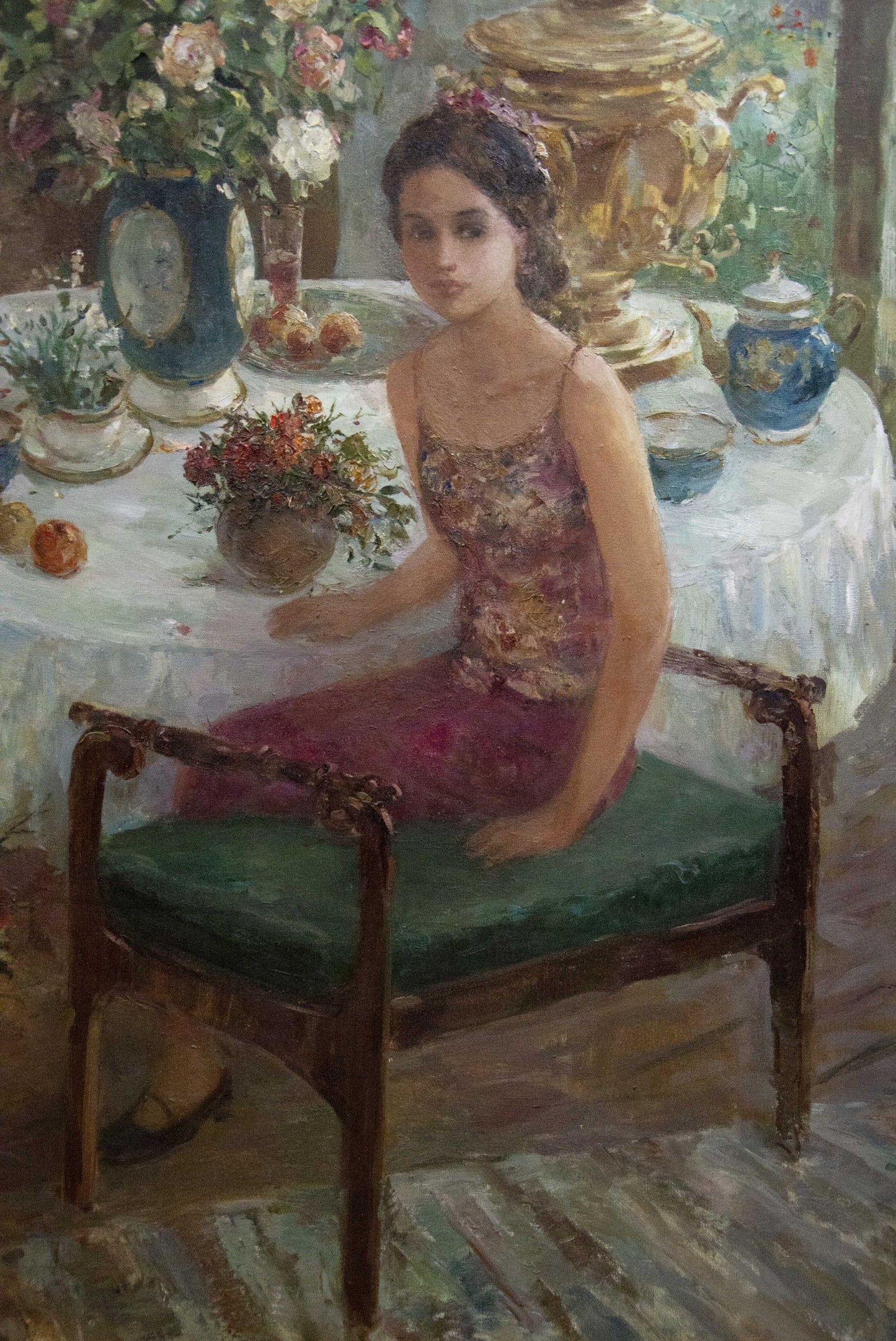 Oil painting by Mikhaylichenko Sergey Viktorovich: young woman in floral dress on ornate chair