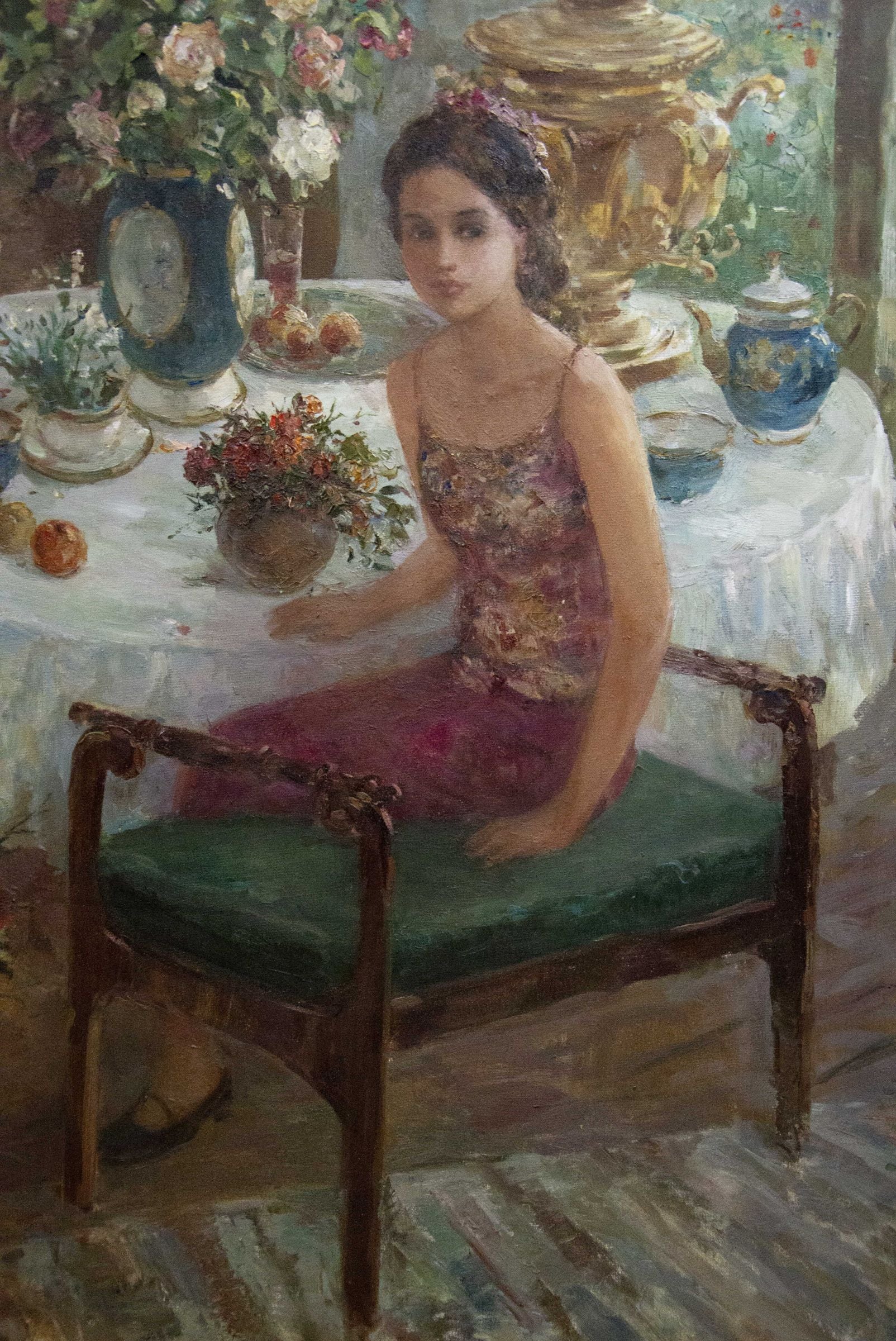 Oil painting by Mikhaylichenko Sergey Viktorovich: young woman in floral dress on ornate chair