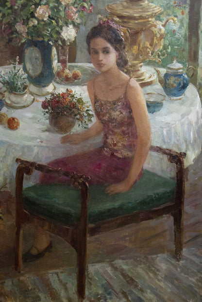 Oil painting by Mikhaylichenko Sergey Viktorovich: young woman in floral dress on ornate chair