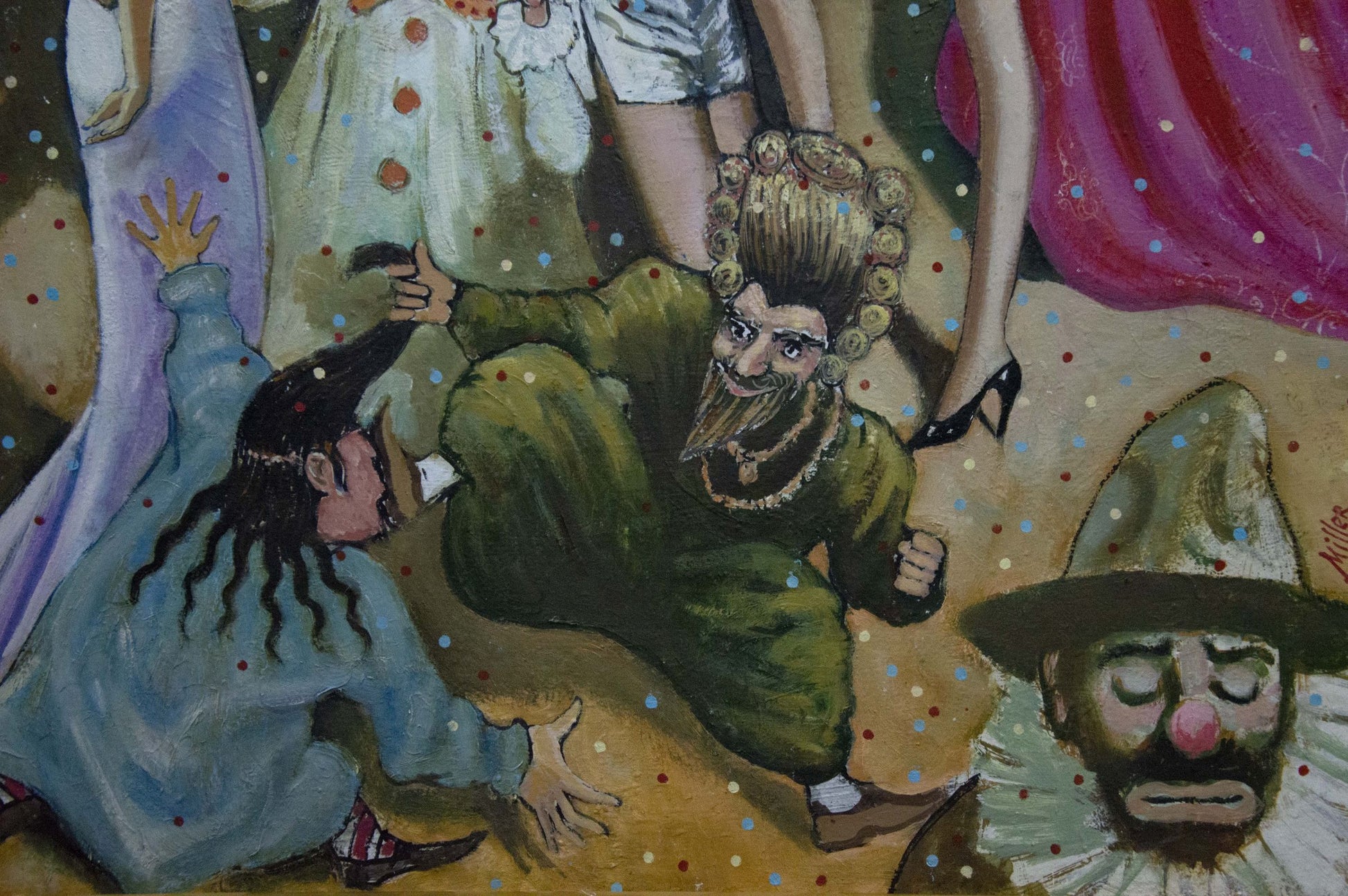 Oil painting Carnival by Vladimir Nikolaevich Miller, green-clad bearded figure