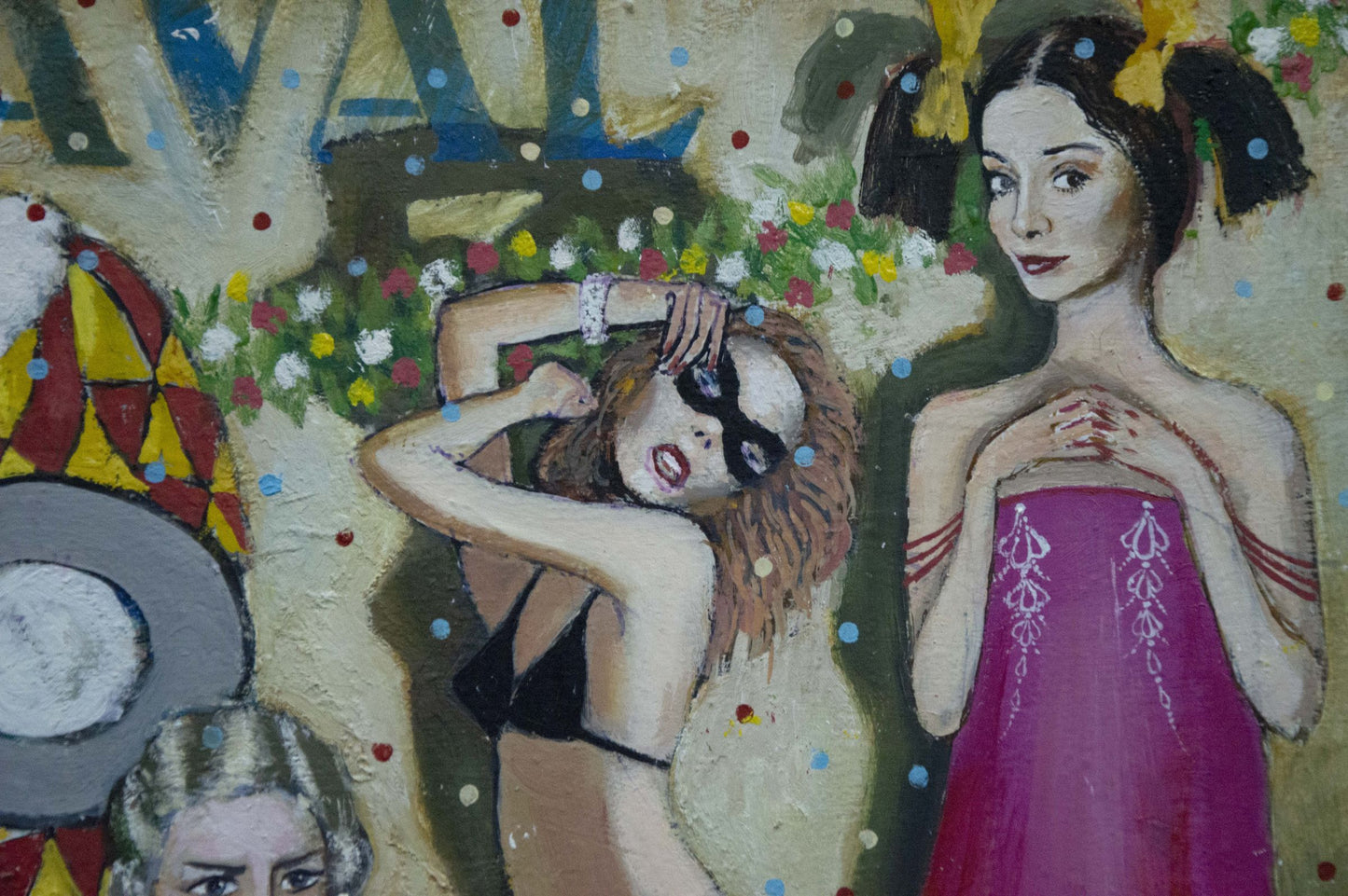 Oil painting Carnival by Vladimir Nikolaevich Miller: vibrant festive women