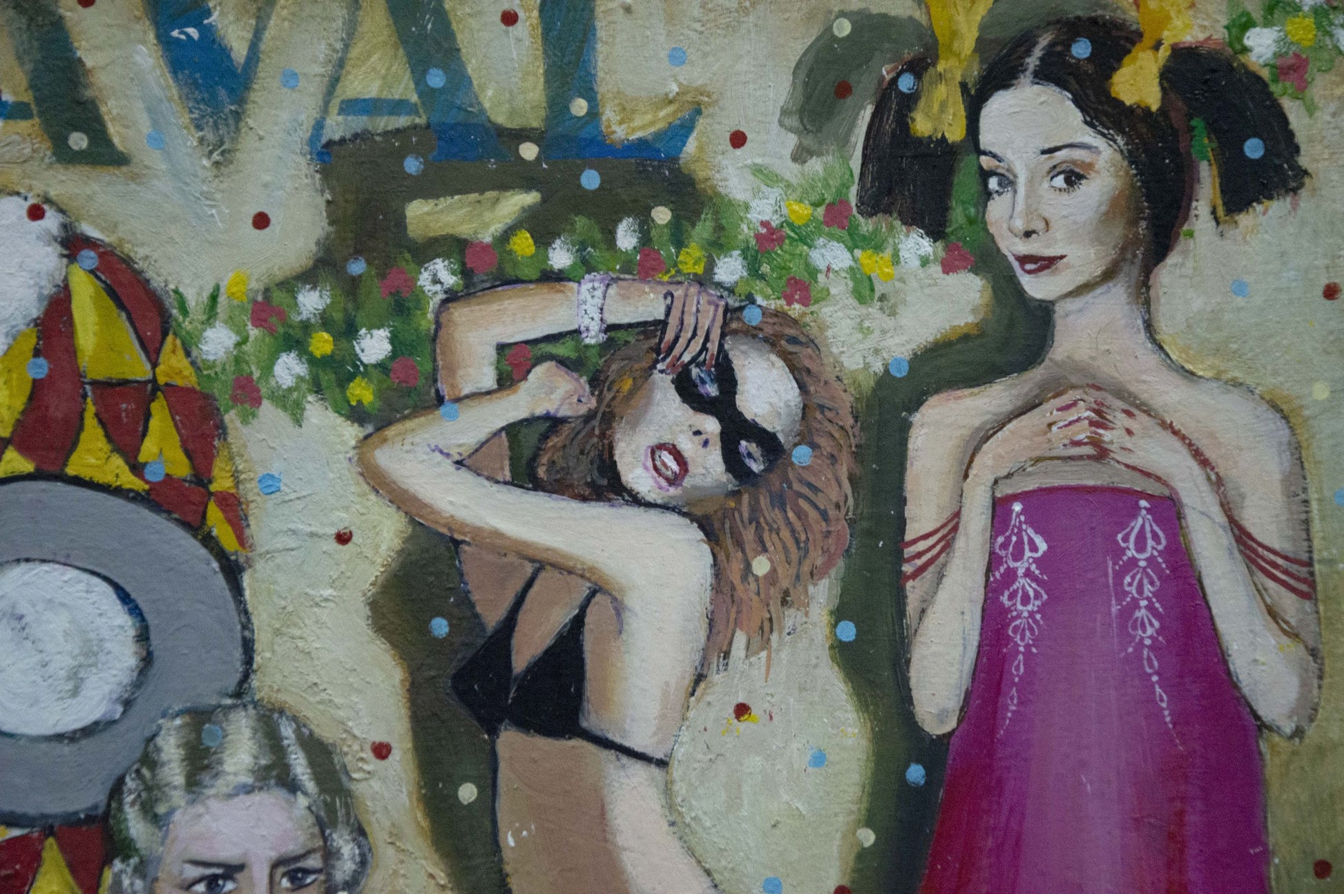 Oil painting Carnival by Vladimir Nikolaevich Miller: vibrant festive women