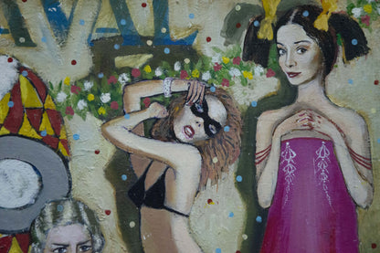 Oil painting Carnival by Vladimir Nikolaevich Miller: vibrant festive women