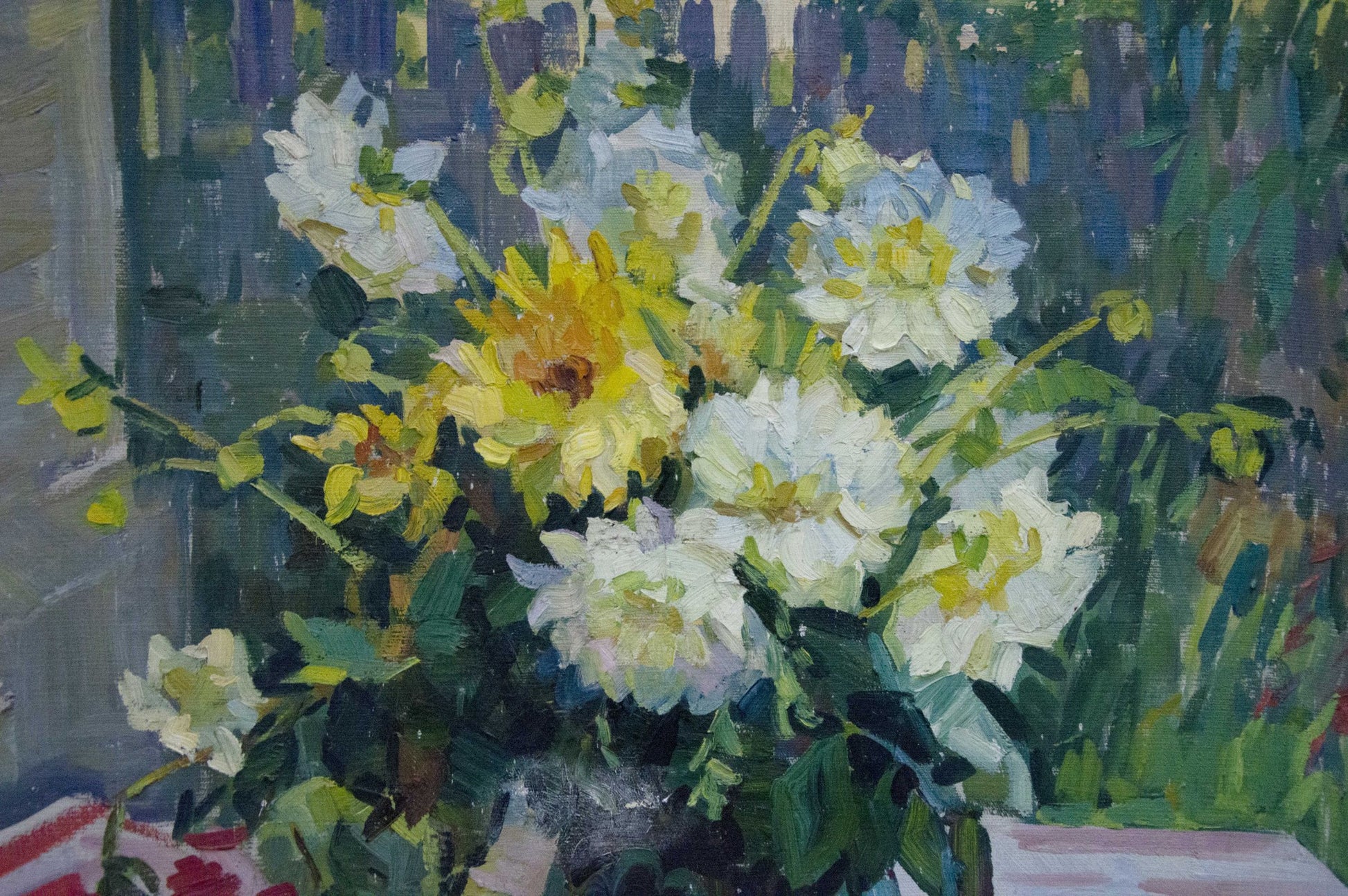 Oil painting Daisies Zorya by Galina Denisovna, vibrant white yellow flowers