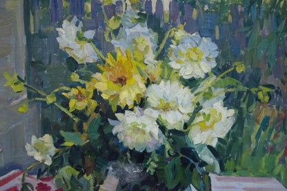 Oil painting Daisies Zorya by Galina Denisovna, vibrant white yellow flowers