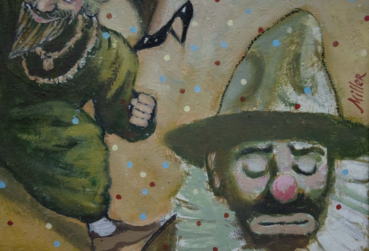 Oil painting Carnival by Vladimir Nikolaevich Miller: clown with pink nose