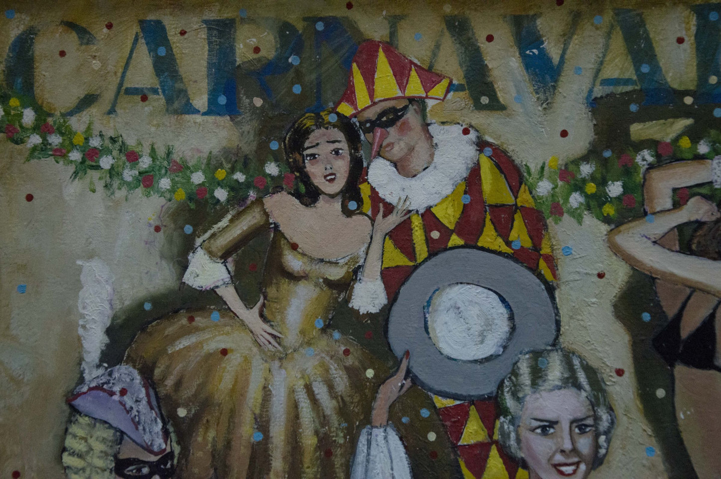 Oil painting Carnival by Vladimir Nikolaevich Miller: woman in gold gown and jester