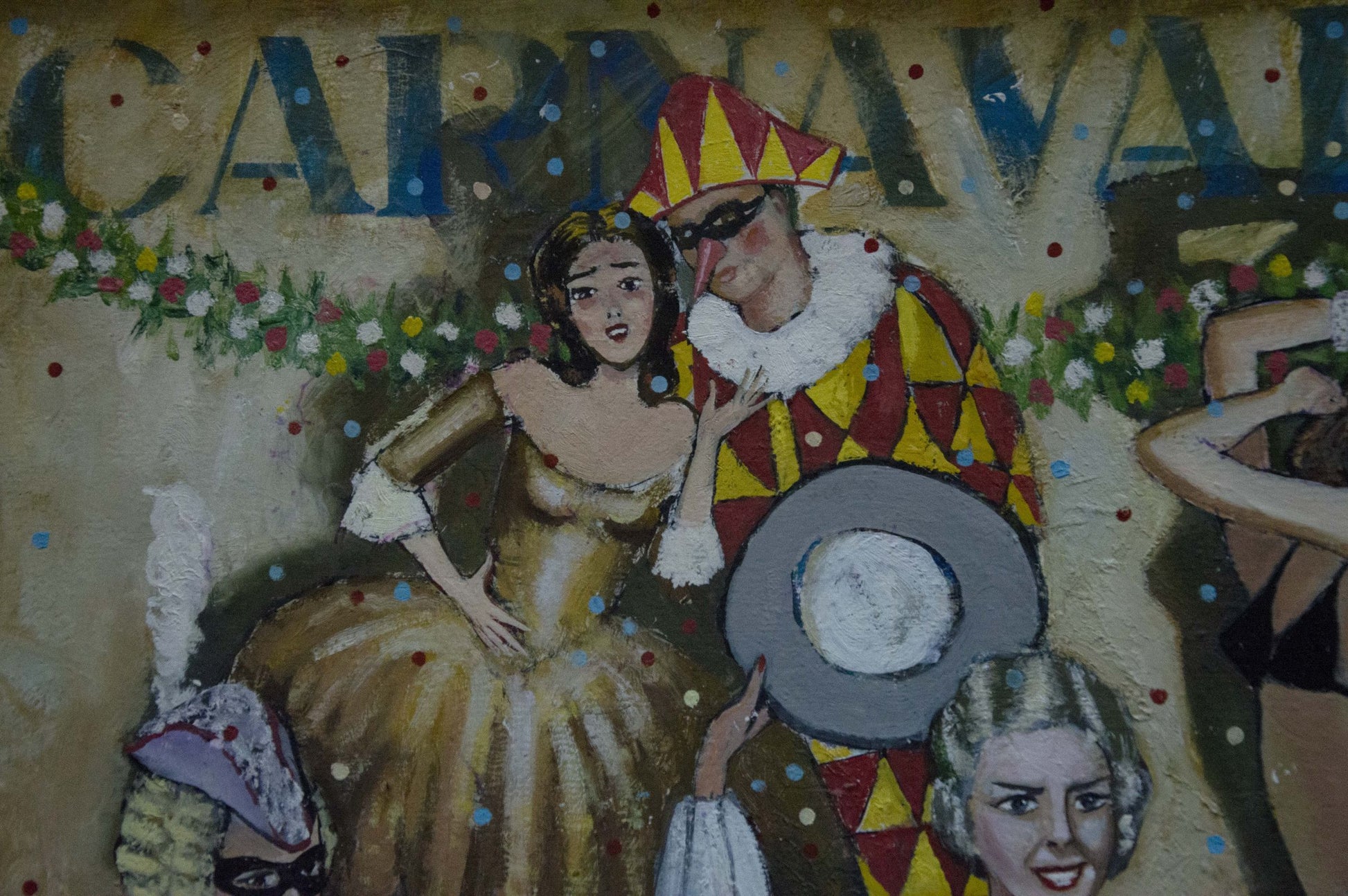 Oil painting Carnival by Vladimir Nikolaevich Miller: woman in gold gown and jester