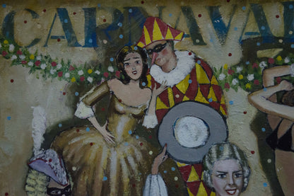 Oil painting Carnival by Vladimir Nikolaevich Miller: woman in gold gown and jester